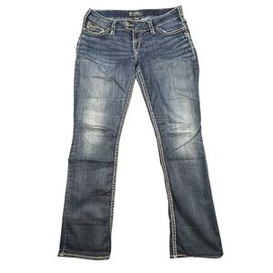 Silver Jeans Blue Tuesday Low Rise Whiskered Bootcut Womens Size 32 Thick Thread